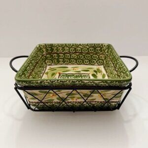 Temp-tations Old World Green 8" Square Baker w/ Lid, Metal Stand & Trivet 1.5 Qt